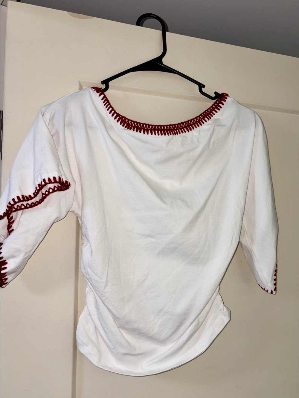 White Women's Embroidered Boatneck Top with Red Trim